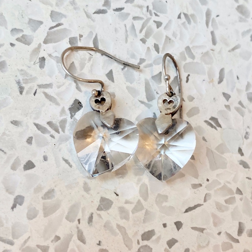 Silver Earring Hook Ball End with Crystal Hearts